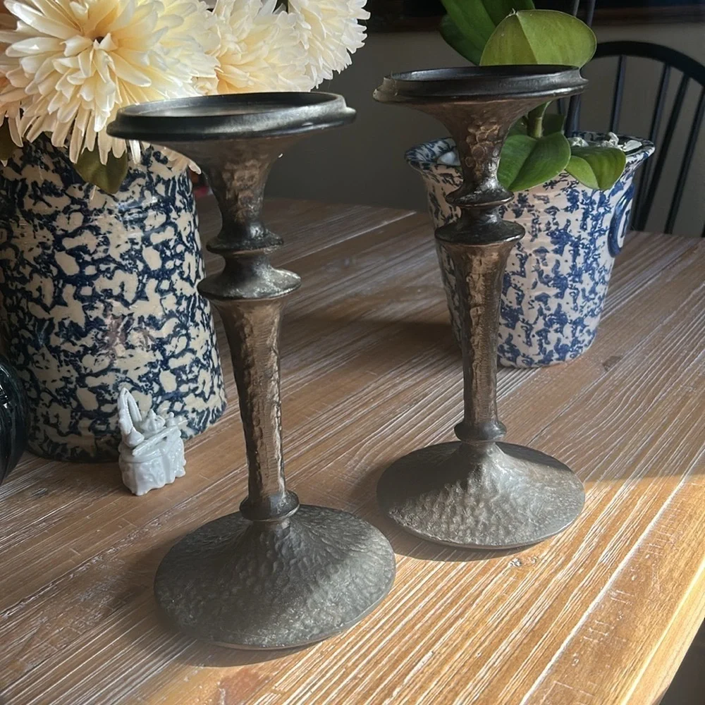 2 Pottery Barn Solid Wrought Iron Brutalist Candle Holders